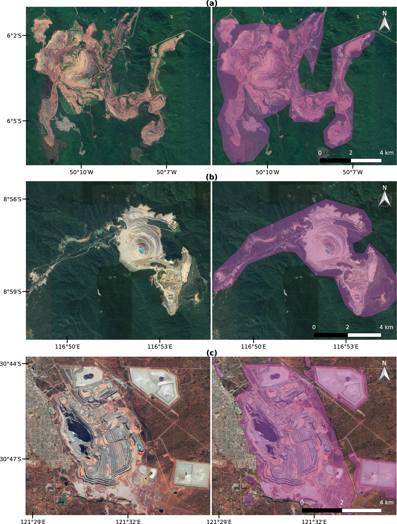 Examples of mapped mining polygons with Google Satellite images background. (a) Carajas iron ore mine in Brazil, (b) Batu Hijau copper-gold mine in Indonesia, and (c) Super Pit gold mine in Australia